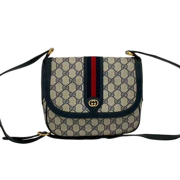 GUCCI Old Gucci Sherry Line GG Logo Hardware Leather Shoulder Bag Navy -8012 - Picture 1 of 10